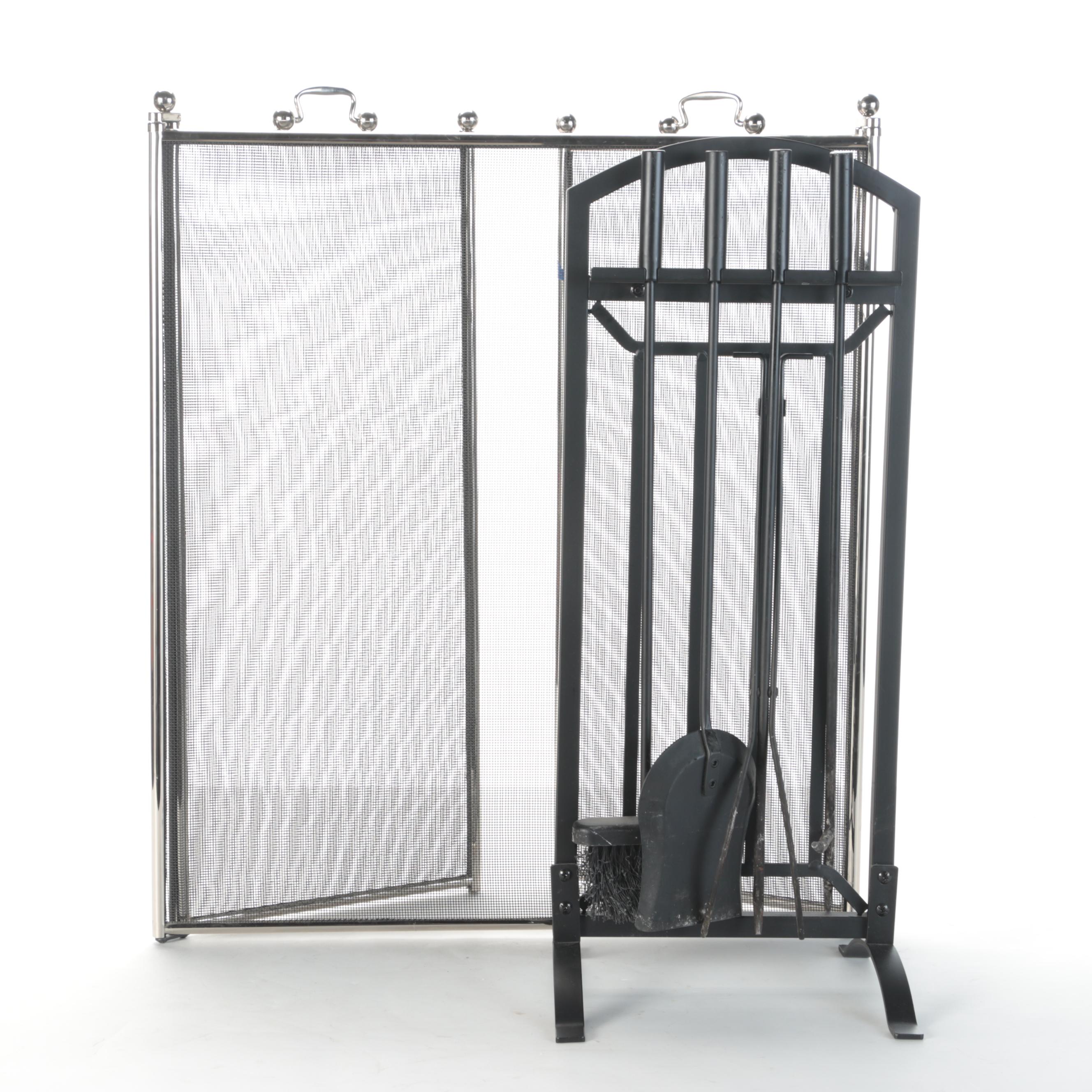 Metal and Mesh Fireplace Screen with Tool Set EBTH