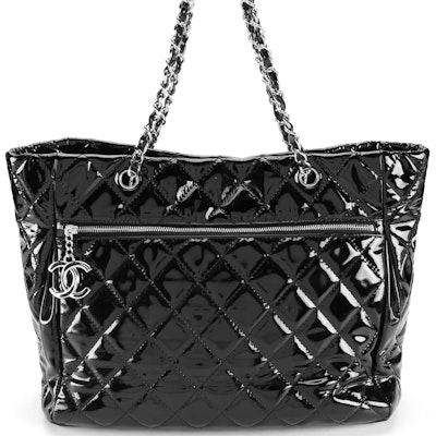 Chanel CC Large Charm Tote in Black Quilted Patent Vinyl