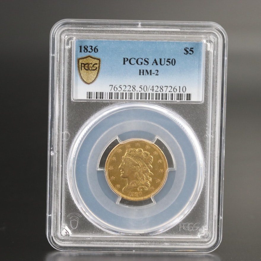 PCGS Graded AU50 1836 Classic Head $5 Gold Coin