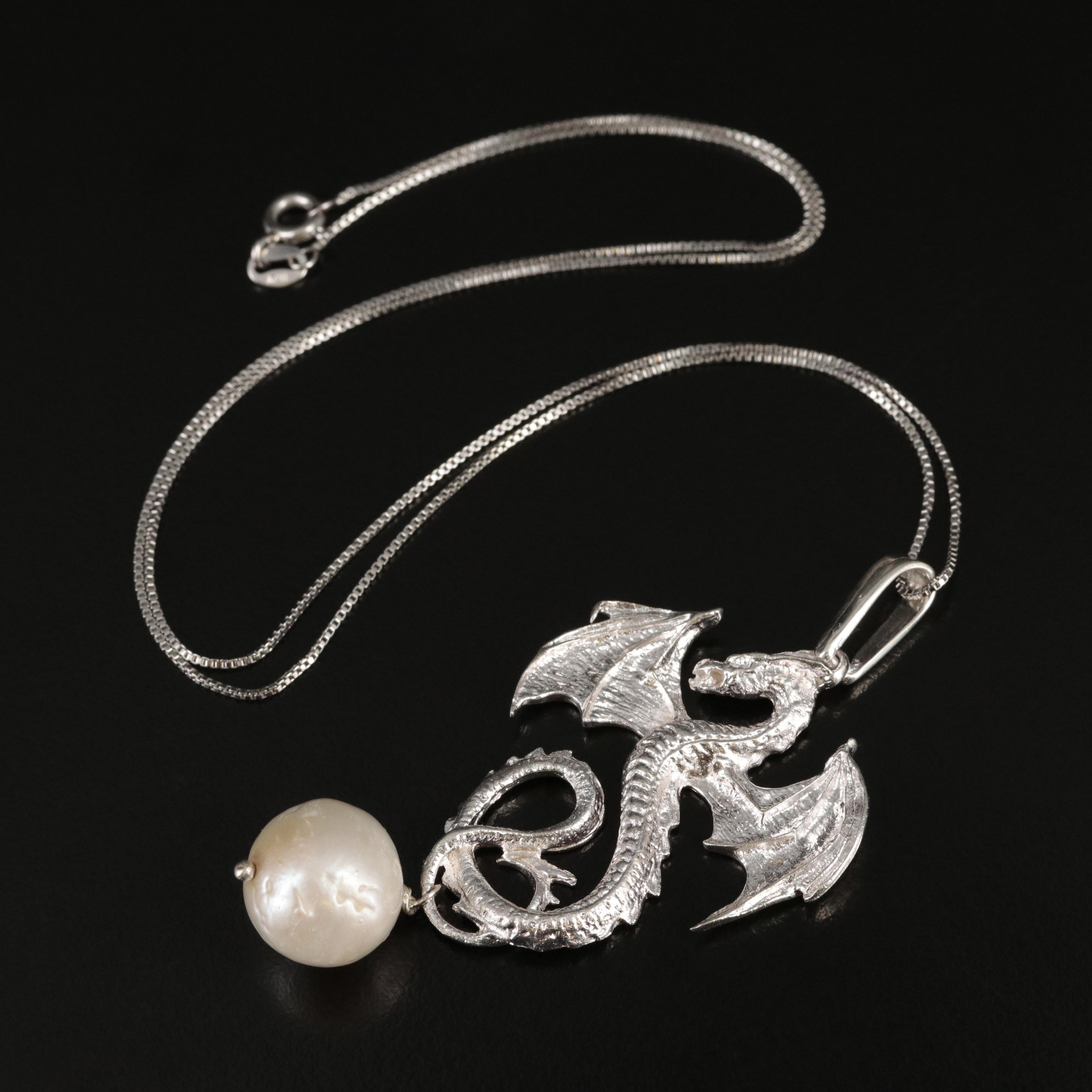 Sterling Pearl Dragon Pendant on Box Chain Necklace EBTH