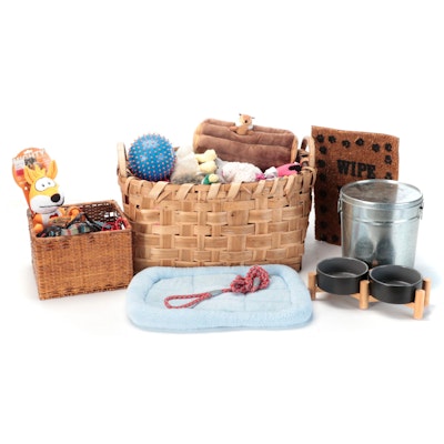 Baskets of Dog Toys, Stuffies, Padded Bed, Feeding Platform and More