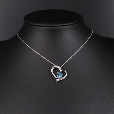 Sterling Silver Topaz and Sapphire Heart Pendant Necklace
