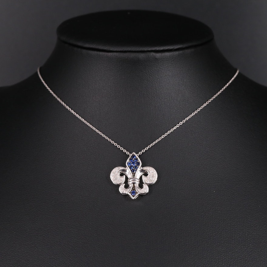 Sterling Silver Sapphire and Diamond Fleur-de-Lis Necklace