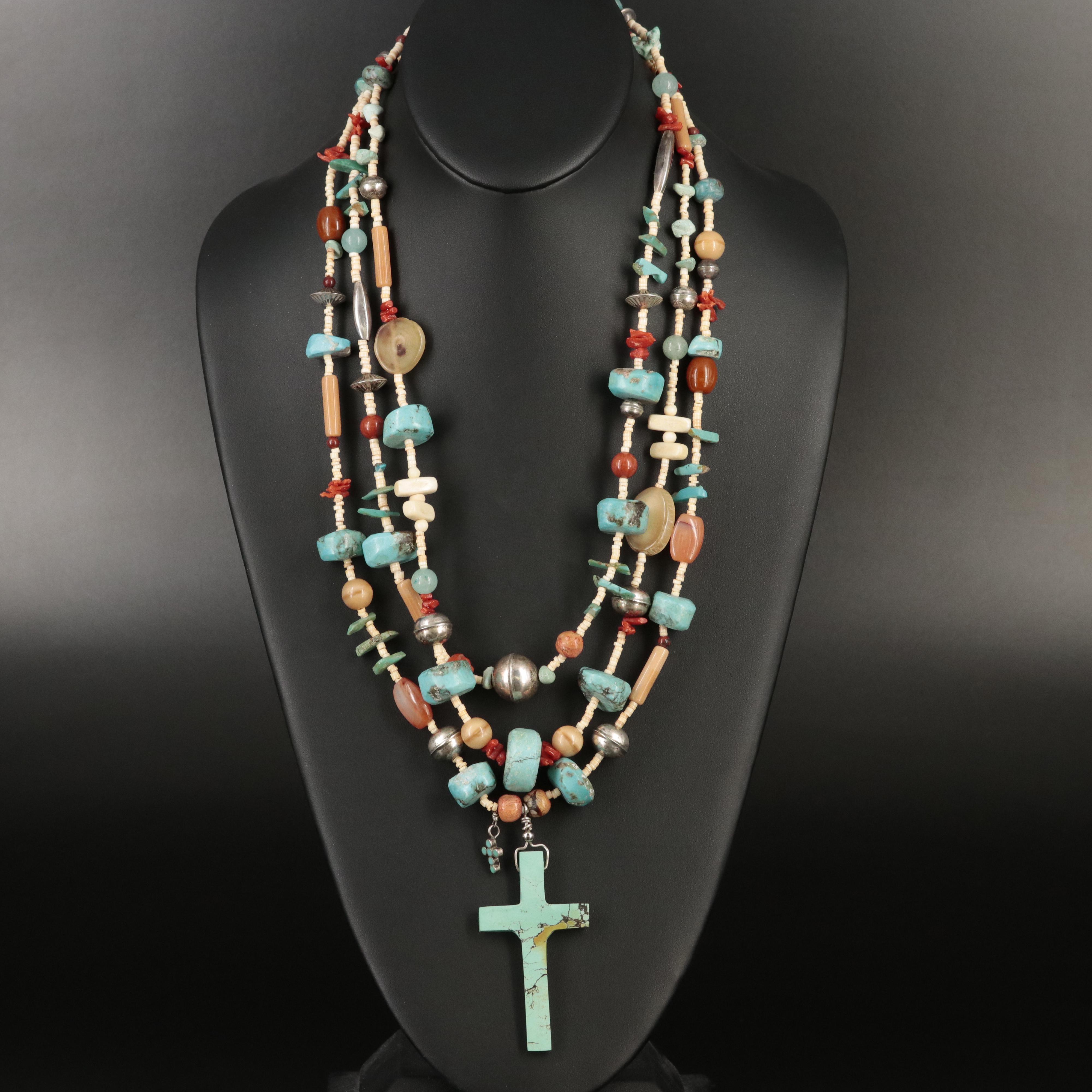 Sterling Turquoise, Coral and Horn MutiStrand Cross Necklace EBTH