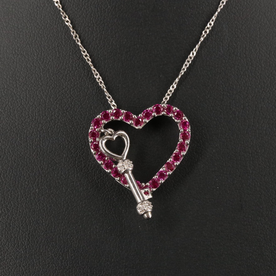 Sterling Silver Ruby and Diamond Heart and Key Necklace