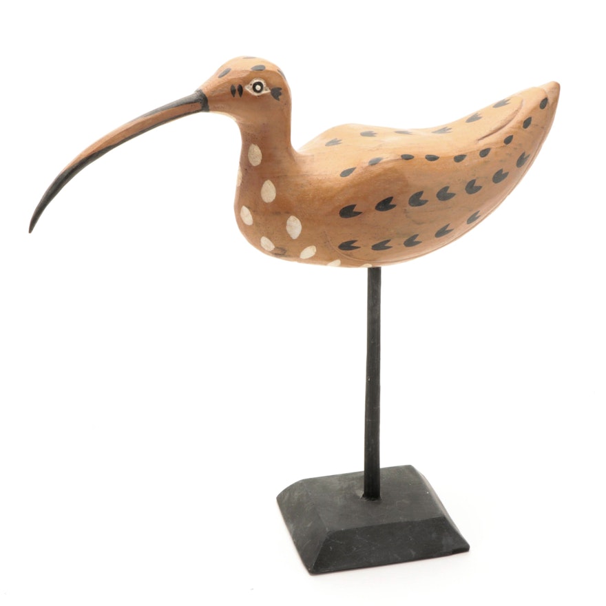 Hand-Painted Carved Wood Long-Billed Curlew Shore Bird Figurine