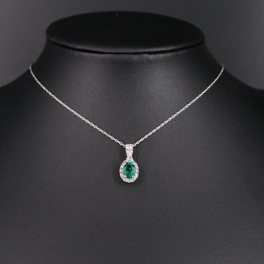Sterling Silver Emerald and White Topaz Pendant Necklace