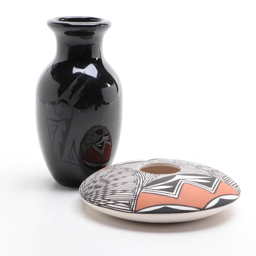M.P. Juanico Signed Acoma Pueblo Bowl With Blackware Pottery Vase