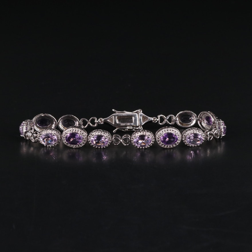 Sterling Silver Amethyst and Diamond Line Bracelet