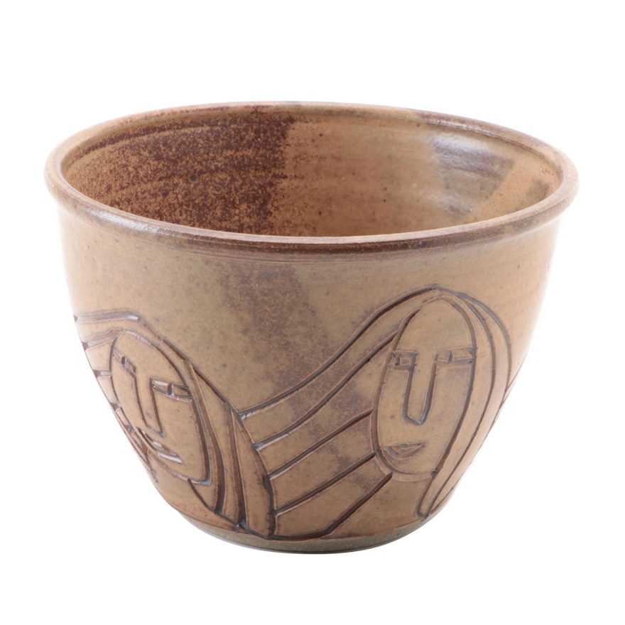 Artist Signed Salt Glazed Stoneware Carved Bowl