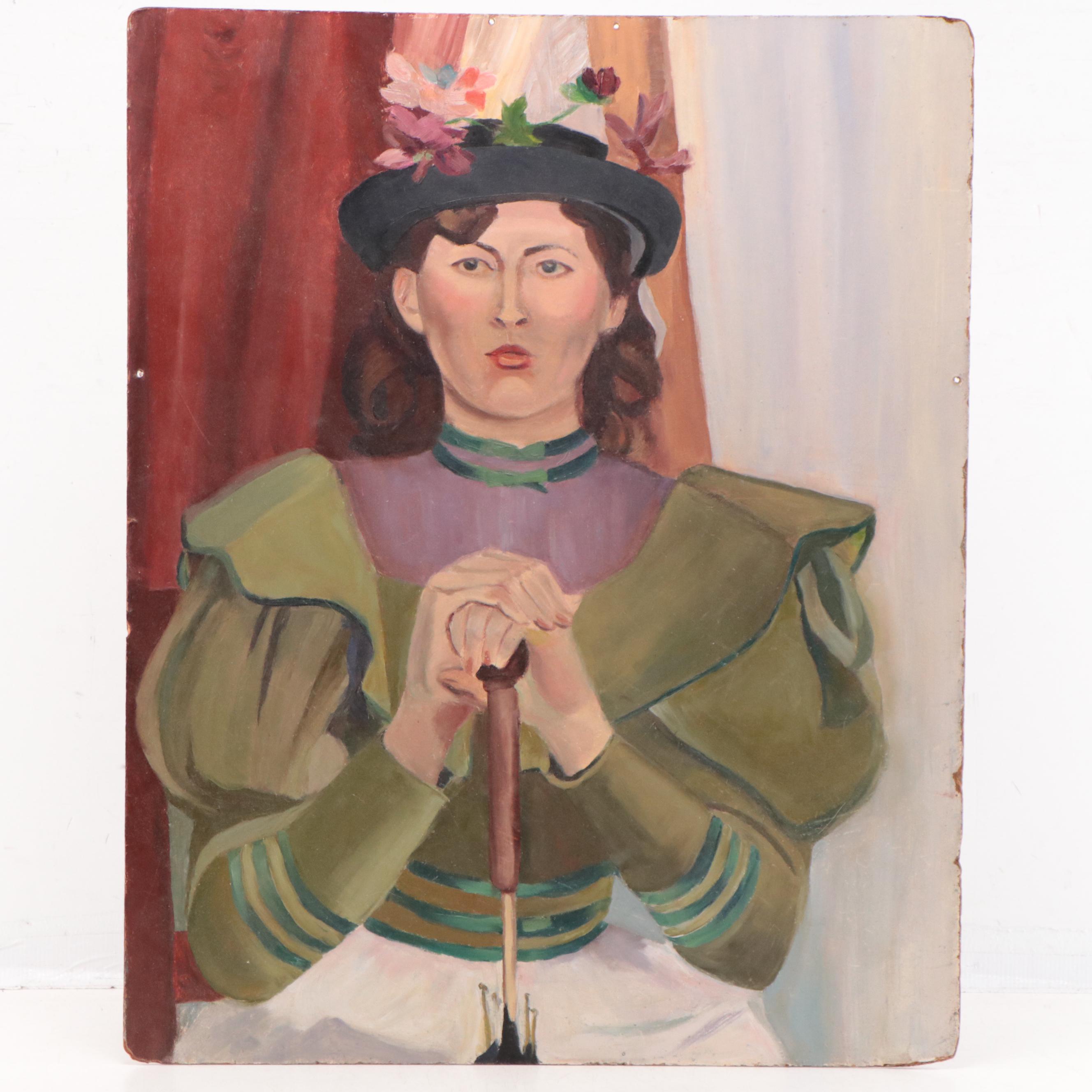 Portrait Oil Painting of Woman in Green Dress Wearing Floral Hat | EBTH
