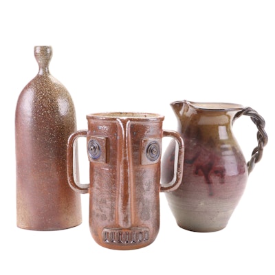 Artisan Made Stoneware Face Jug with Other Bottle Vase and Pitcher