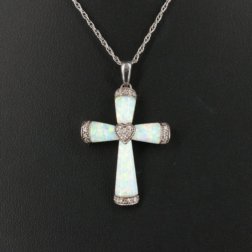 Sterling Silver Opal and Diamond Cross Pendant Necklace