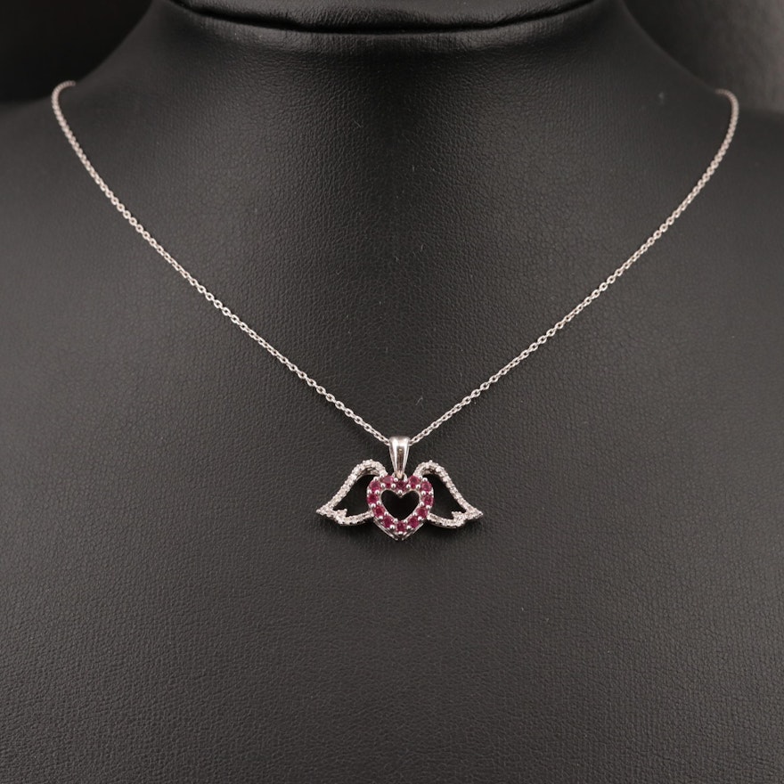 Sterling Silver Ruby and Diamond Winged Heart Necklace