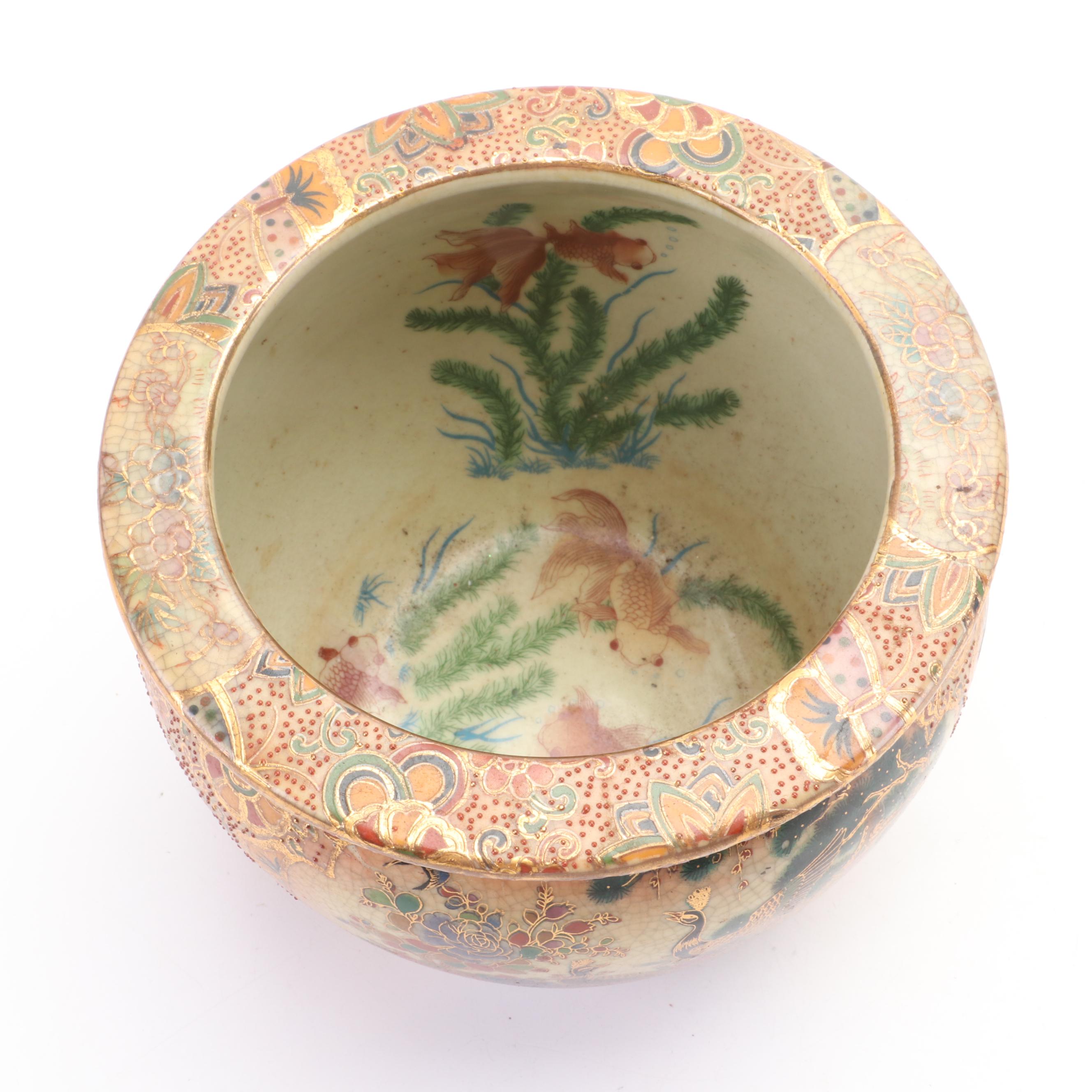 Japanese Satsuma Miniature Fishbowl Planter and Other Figurine EBTH