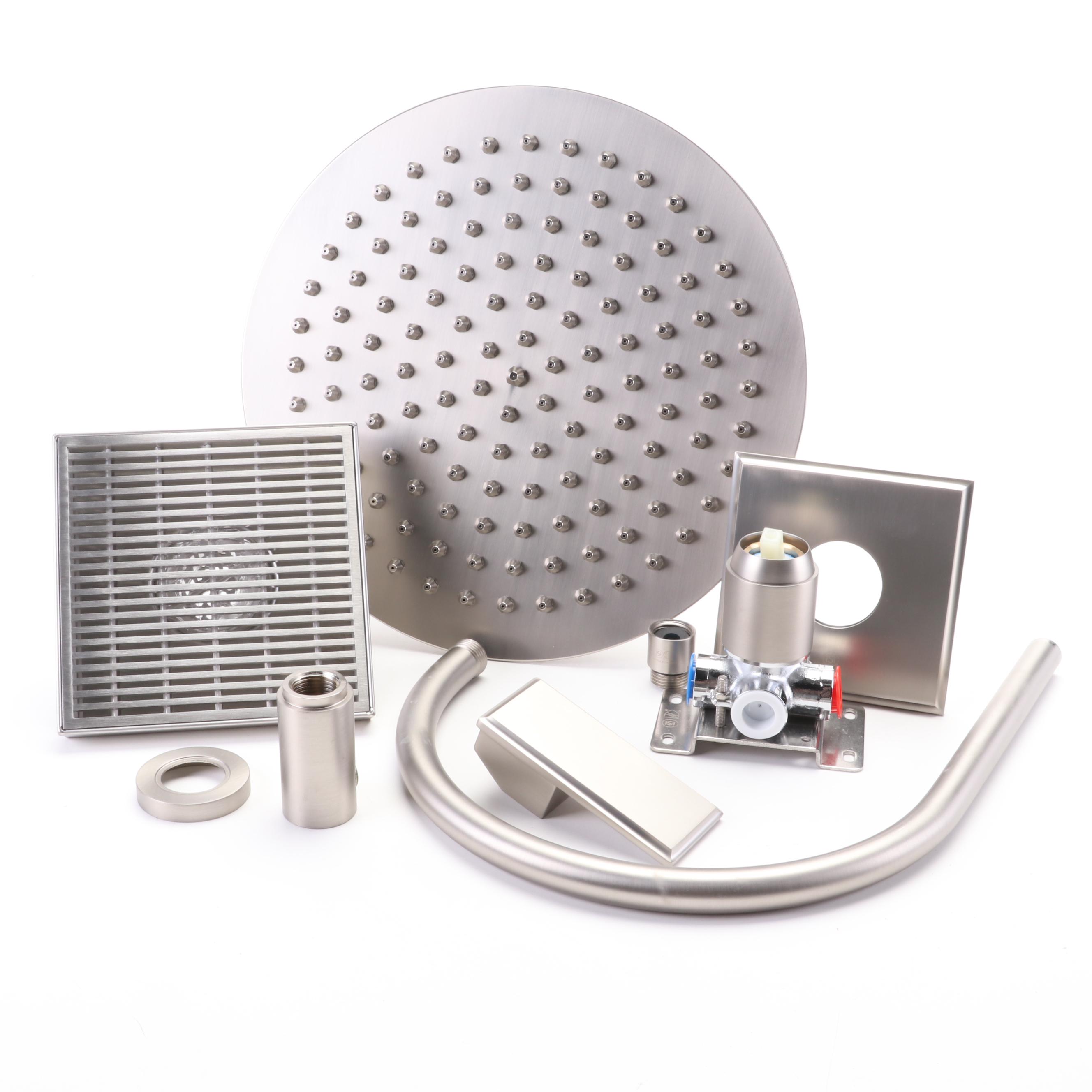 Brushed Nickel Shower Arm, Rainfall Showerhead, Mixing Valve and Drain