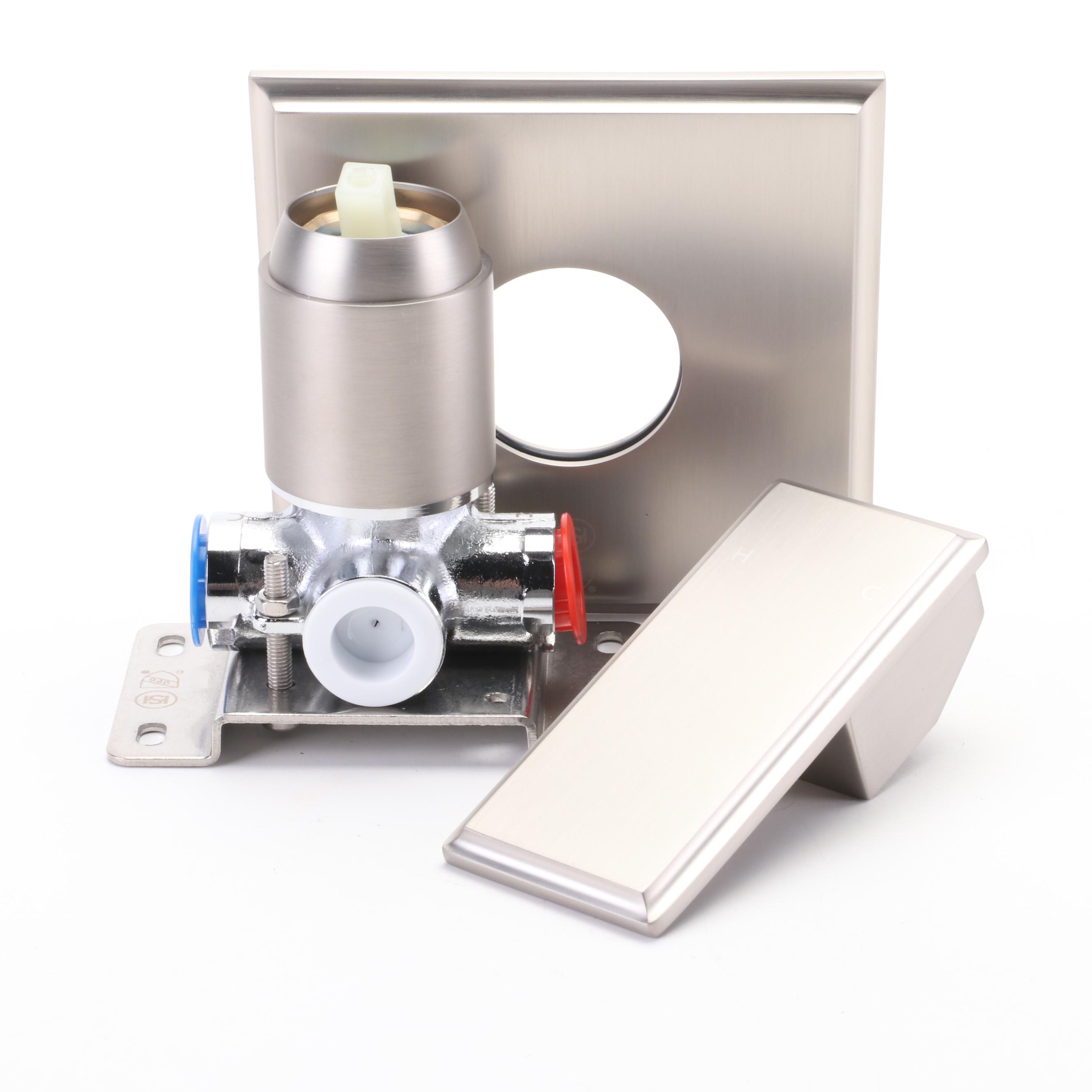 Brushed Nickel Shower Arm, Rainfall Showerhead, Mixing Valve and Drain