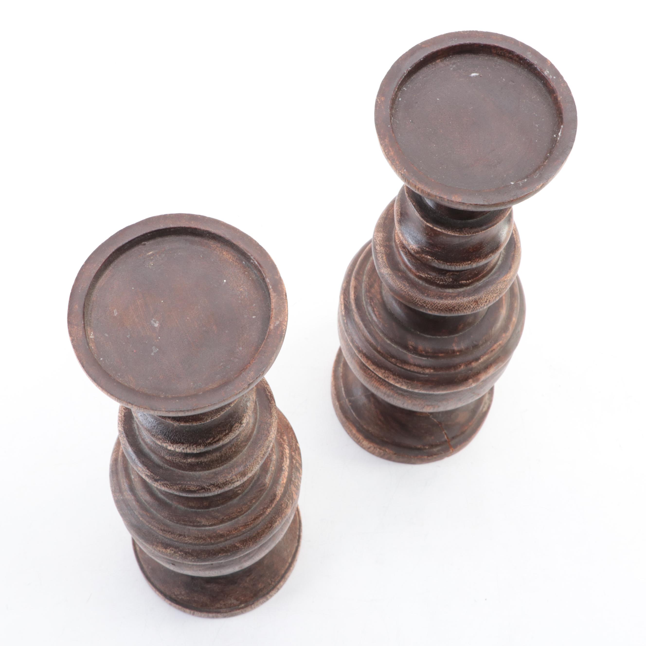 Pair of Carved Wood Pillar Candle Holders EBTH