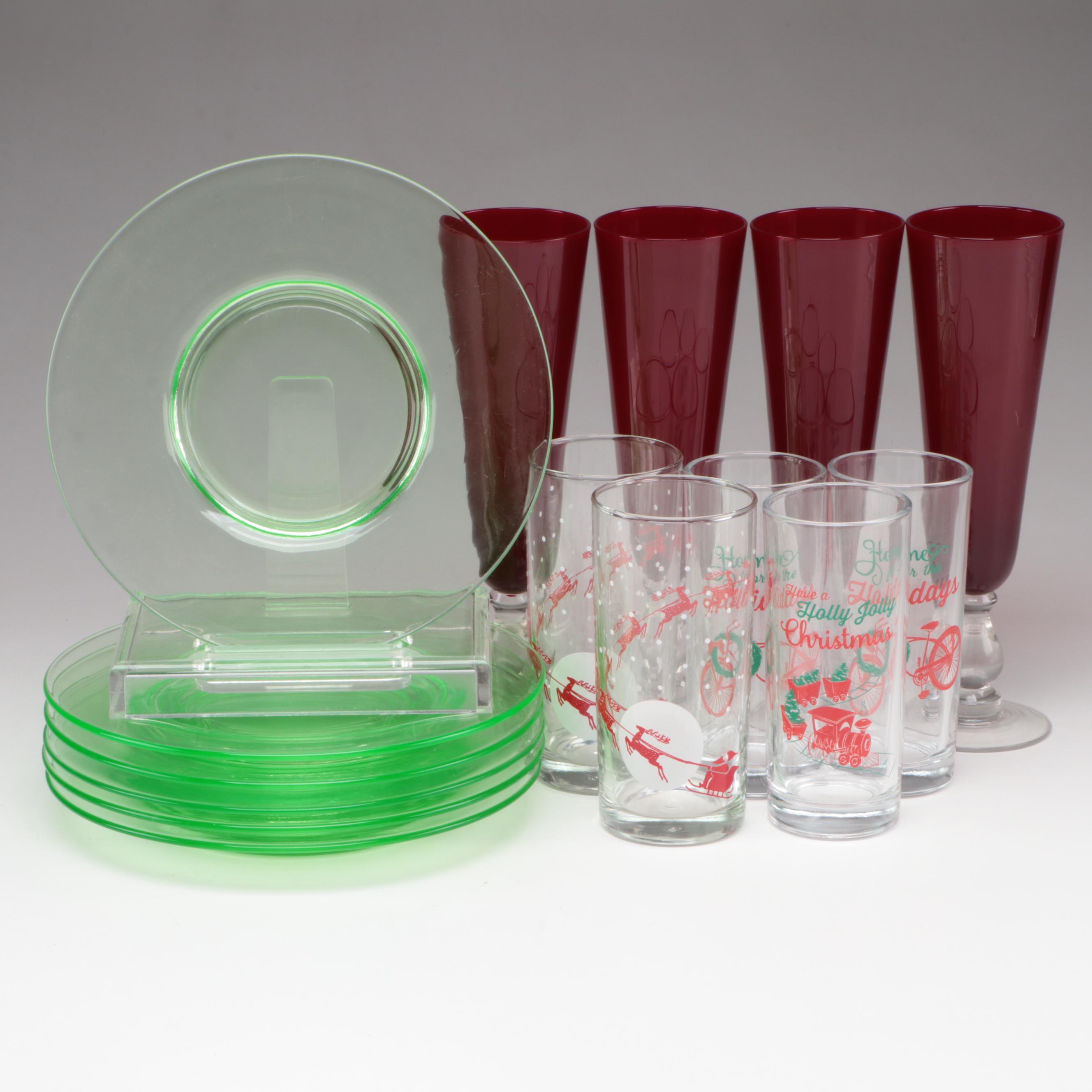 Vaseline Glass Plates with Nadir Christmas Glasses and Red Champagne
