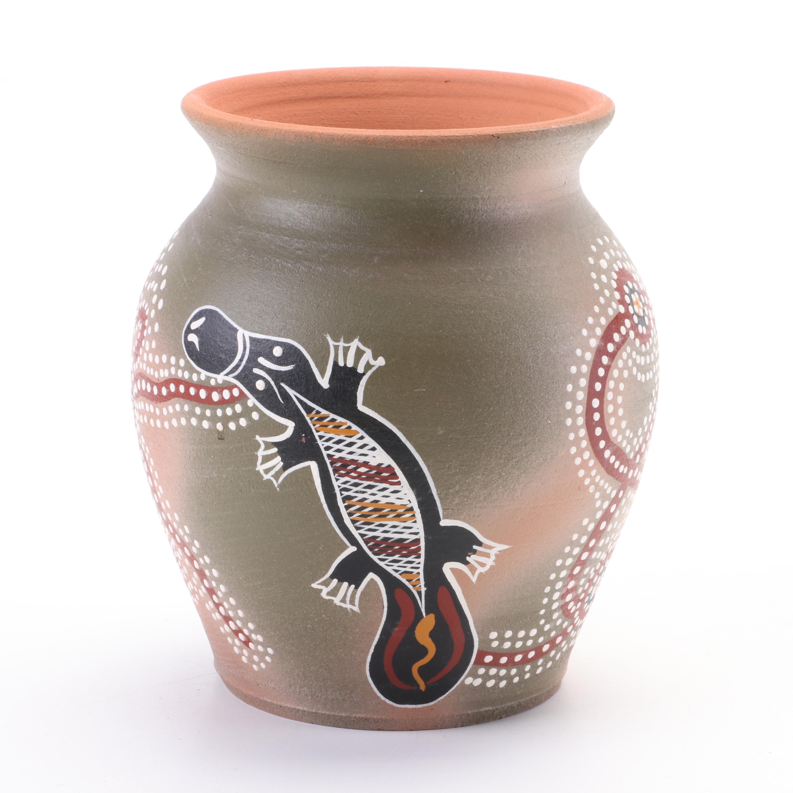 Artist Signed Australian Aboriginal Art Earthenware Vase EBTH