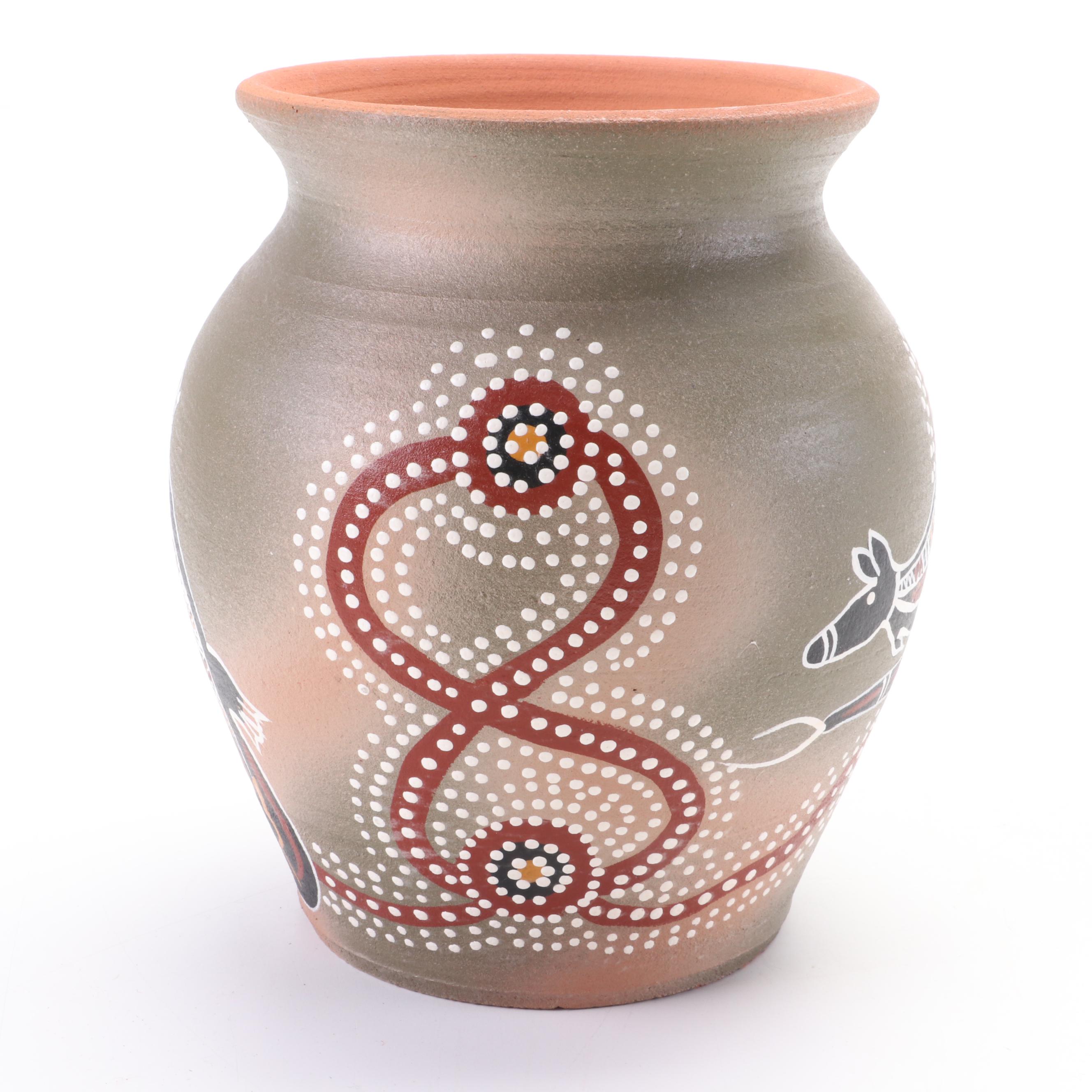 Artist Signed Australian Aboriginal Art Earthenware Vase EBTH