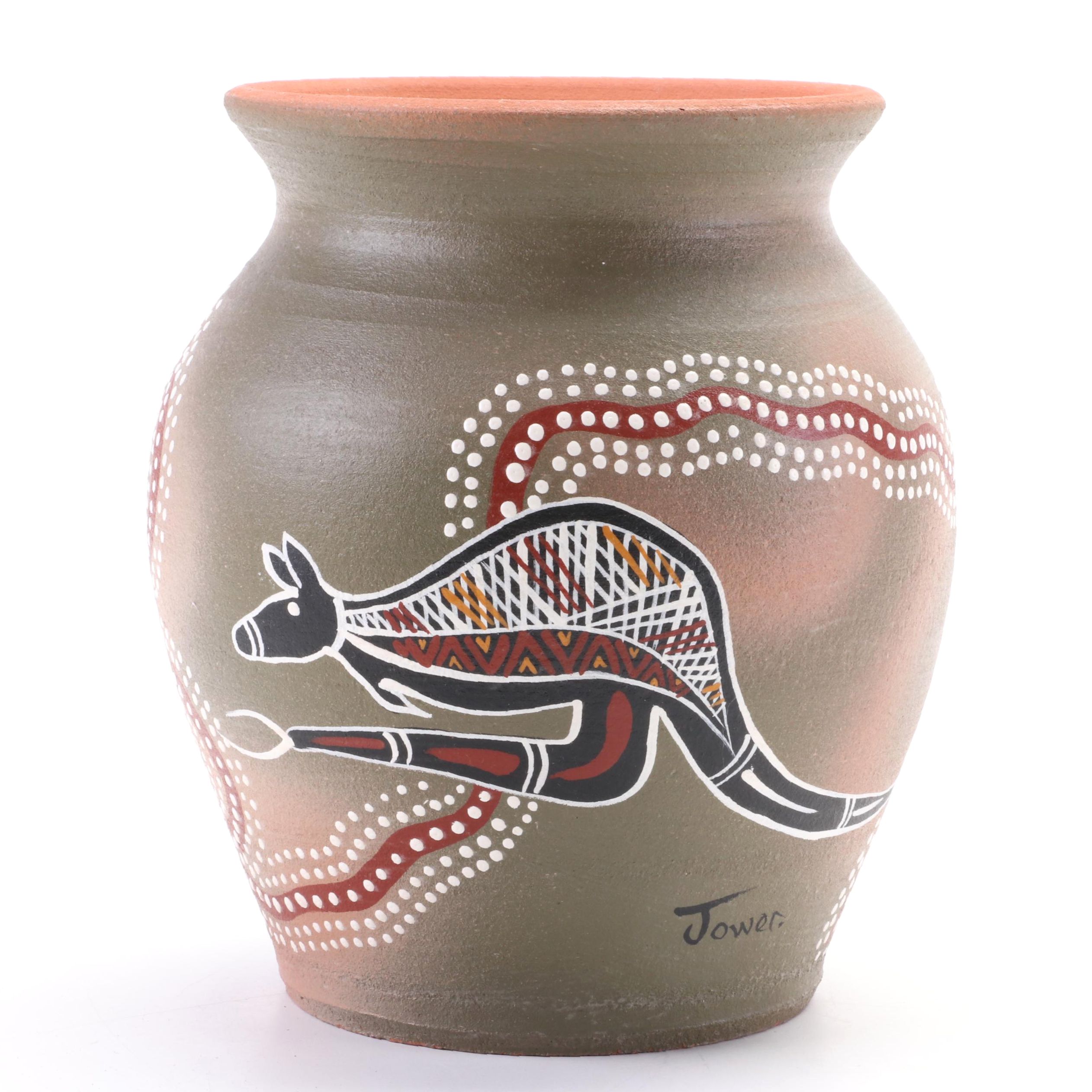 Artist Signed Australian Aboriginal Art Earthenware Vase EBTH