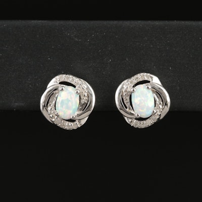 Sterling Opal and Diamond Stud Earrings
