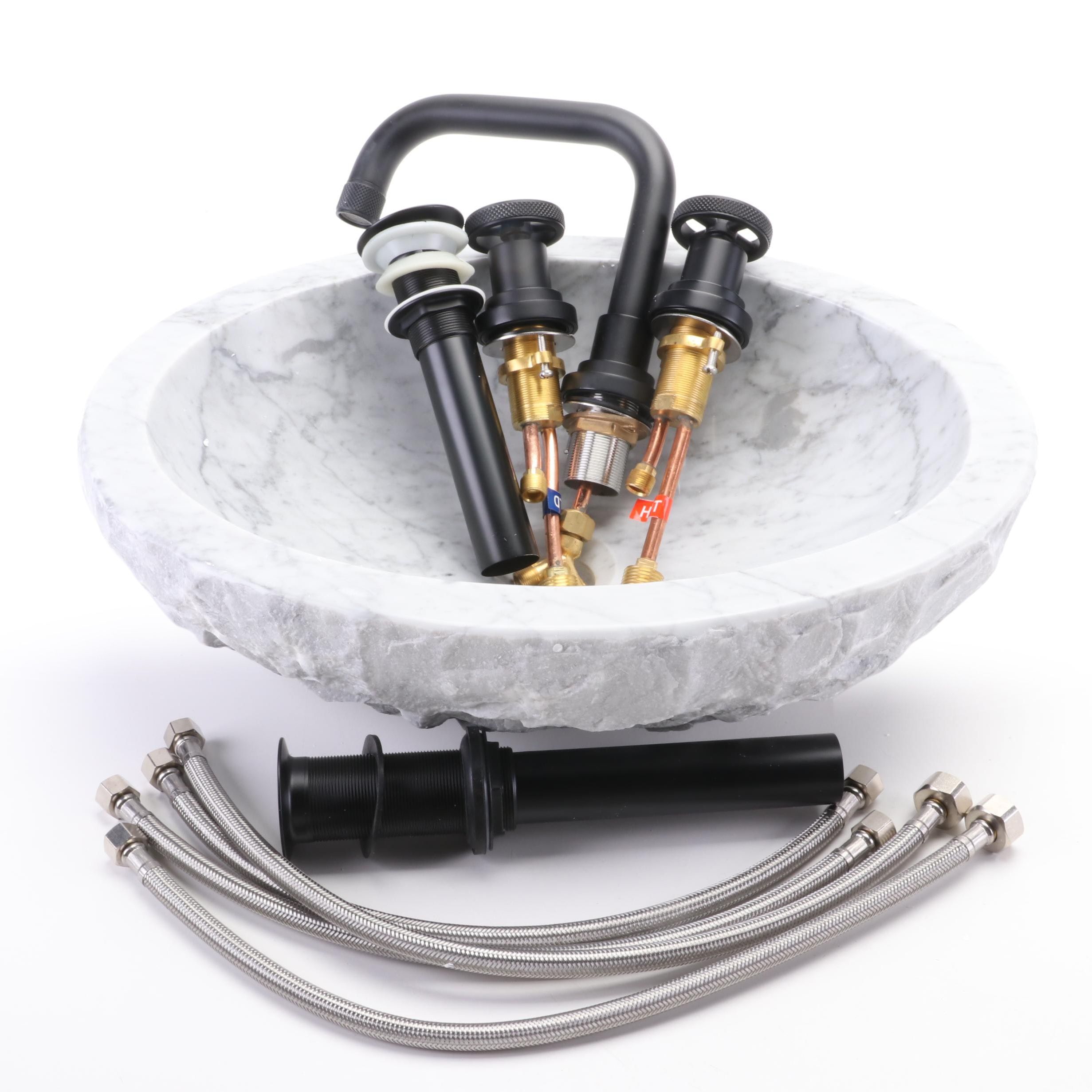 Marble Oval Sink, Matte Black Extended Press PopUp Drain and Widespread Faucet EBTH