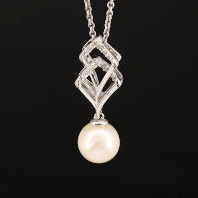 Sterling Pearl and Diamond Pendant Necklace