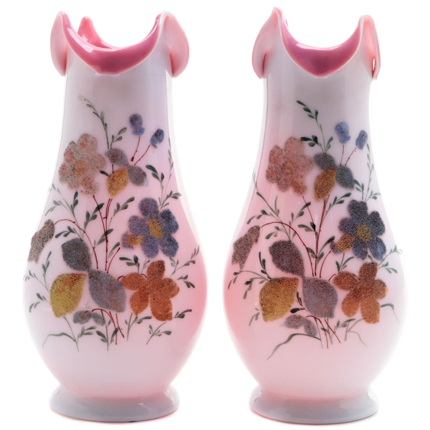 Pair of Victorian Hand-Painted Opaline Cased Pink Glass Vases, Late 19th Century