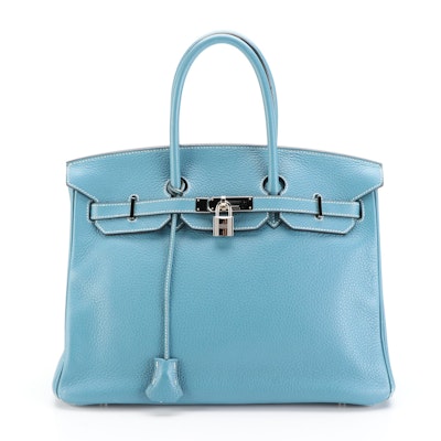Hermès Birkin 35 Satchel in Bleu Jean Taurillon Clemence Leather with Box