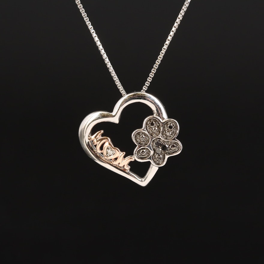 Sterling Diamond Heart Pendant Necklace with 10K Rose Gold Mom Accent
