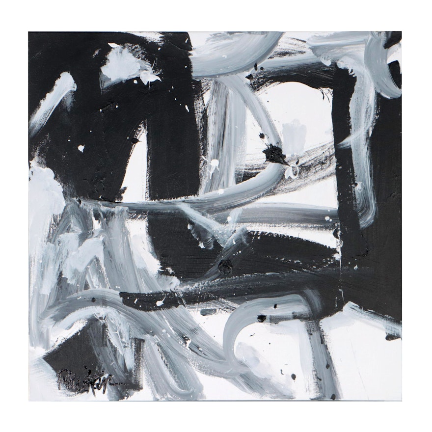Robbie Kemper Abstract Acrylic Painting "Grayscale in Square"