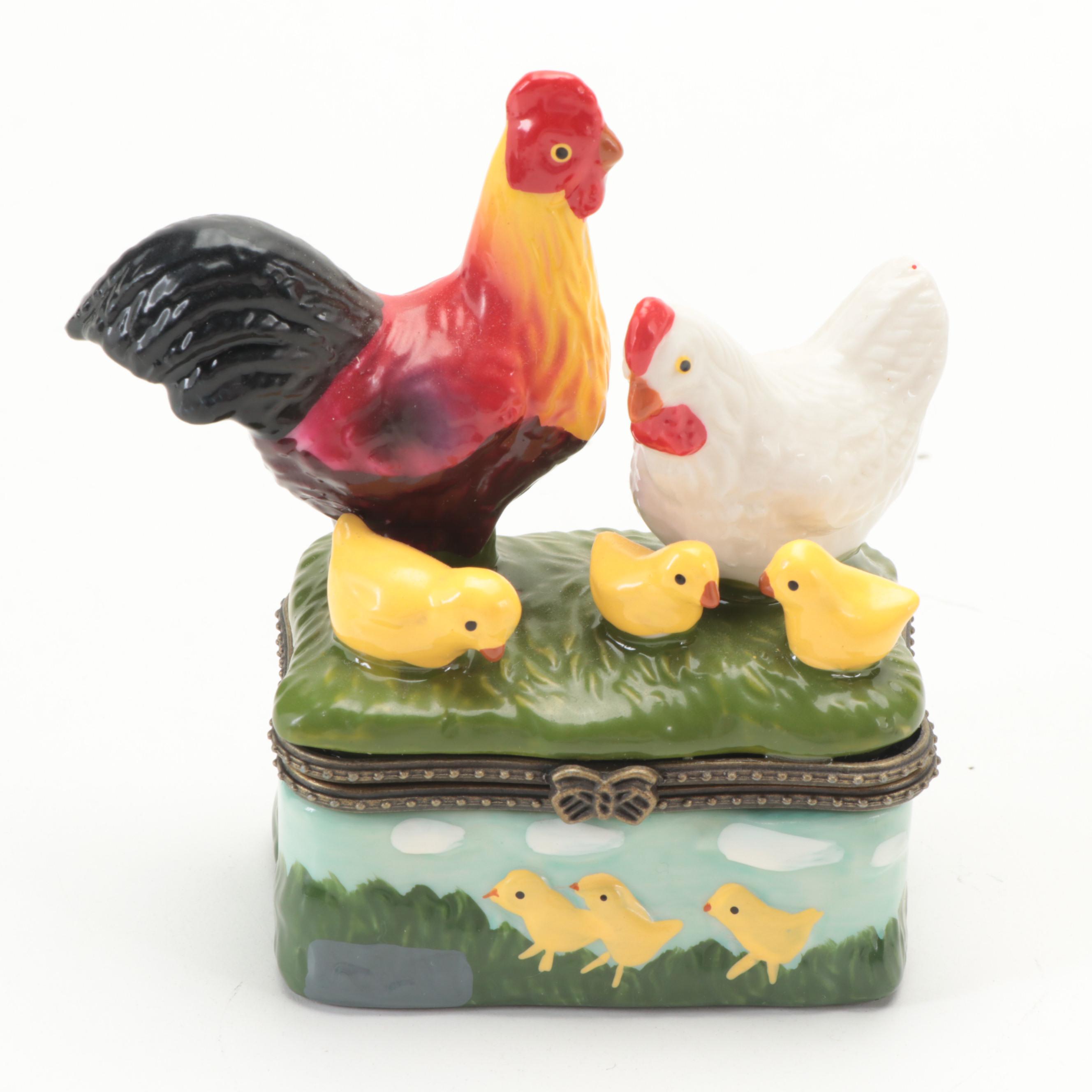 HandPainted Rooster and Chicken Porcelain Trinket Boxes with Bisque