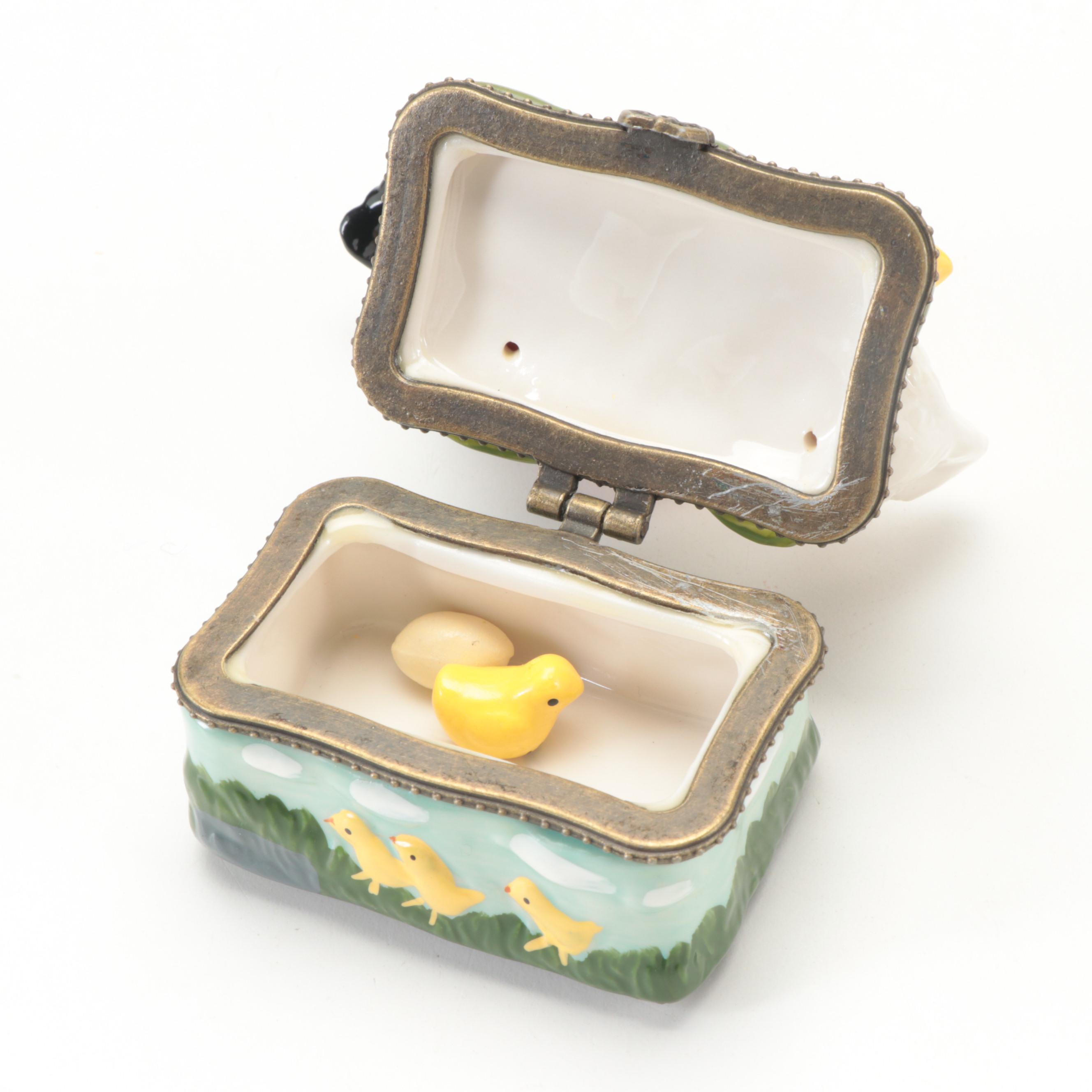 HandPainted Rooster and Chicken Porcelain Trinket Boxes with Bisque