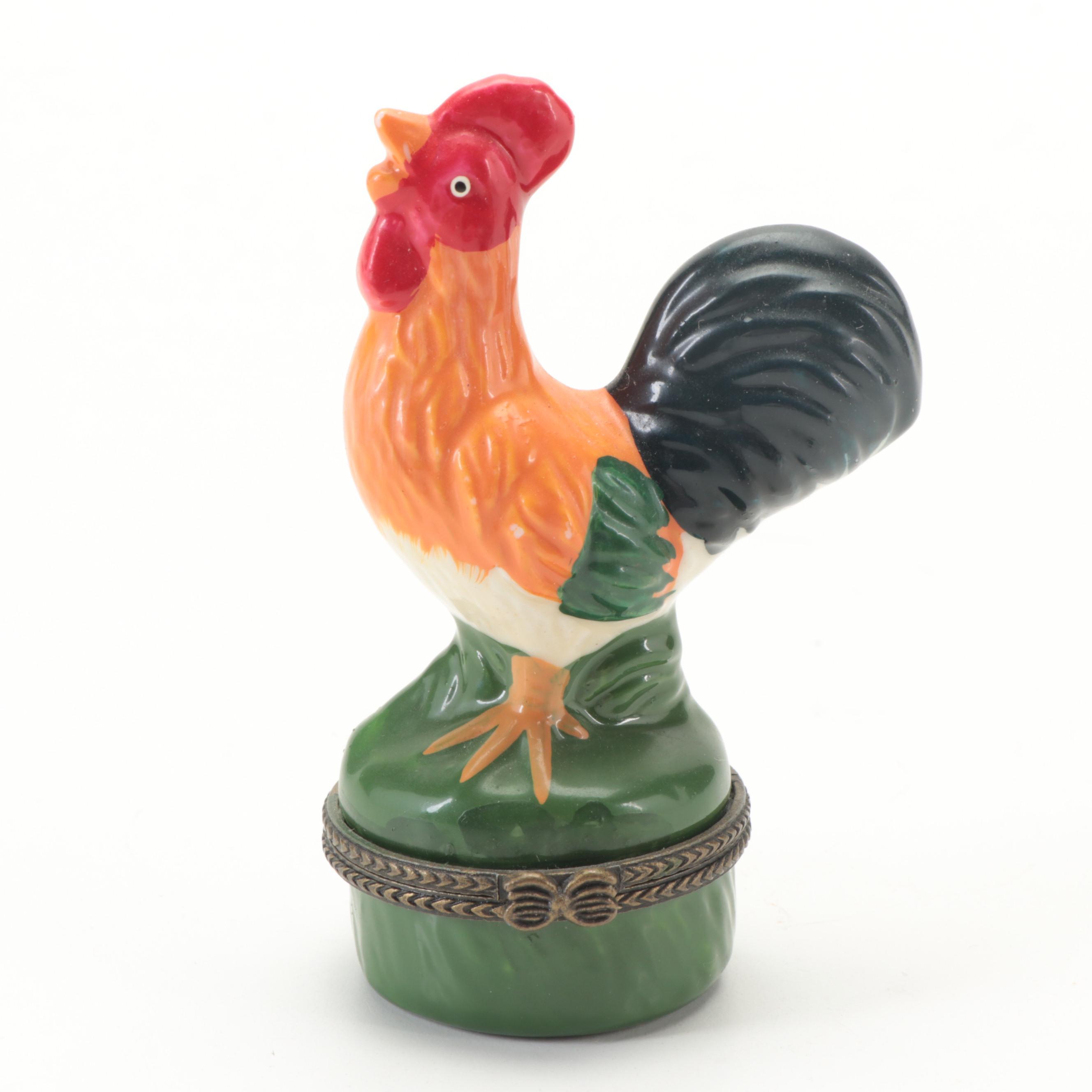 HandPainted Rooster and Chicken Porcelain Trinket Boxes with Bisque