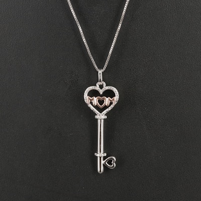 Sterling Diamond "Mom" Heart Key Pendant Necklace with 10K Rose Gold Accents