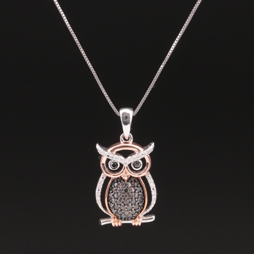 Sterling Diamond Owl Pendant Necklace