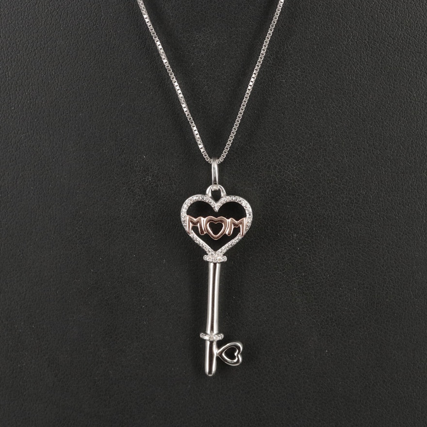Sterling Diamond "Mom" Heart Key Pendant Necklace with 10K Rose Gold Accents