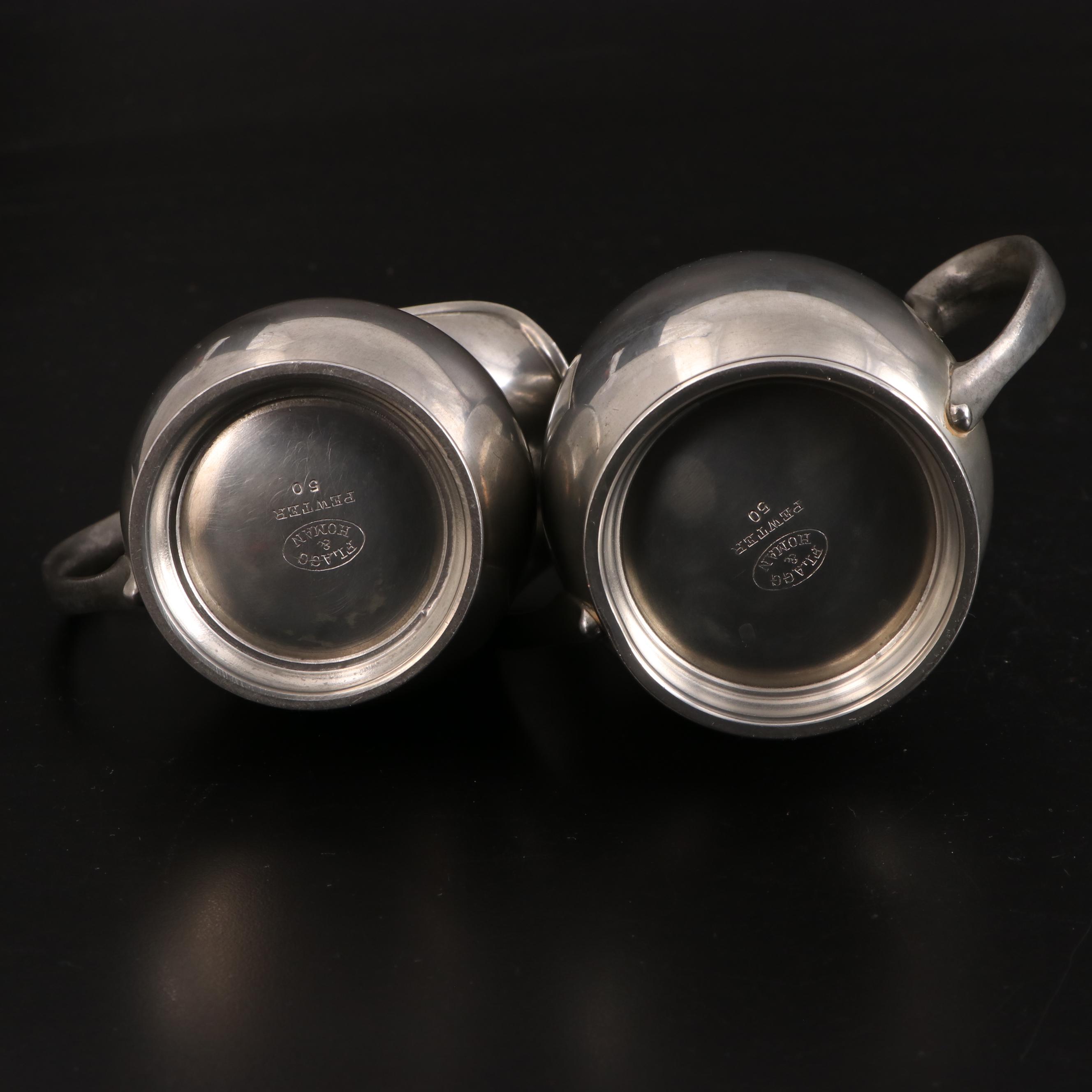 Flagg & Homan Pewter Tea Service on Tray with Stieff Tankard and Candle