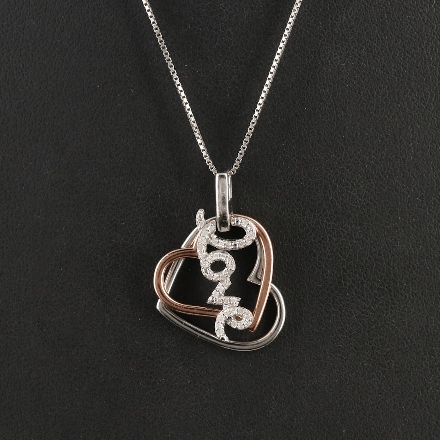 Sterling Diamond "Love" Double Heart Pendant Necklace