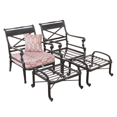 Frontgate Pair of Neoclassical Style Patio Lounge Chairs with Ottomans