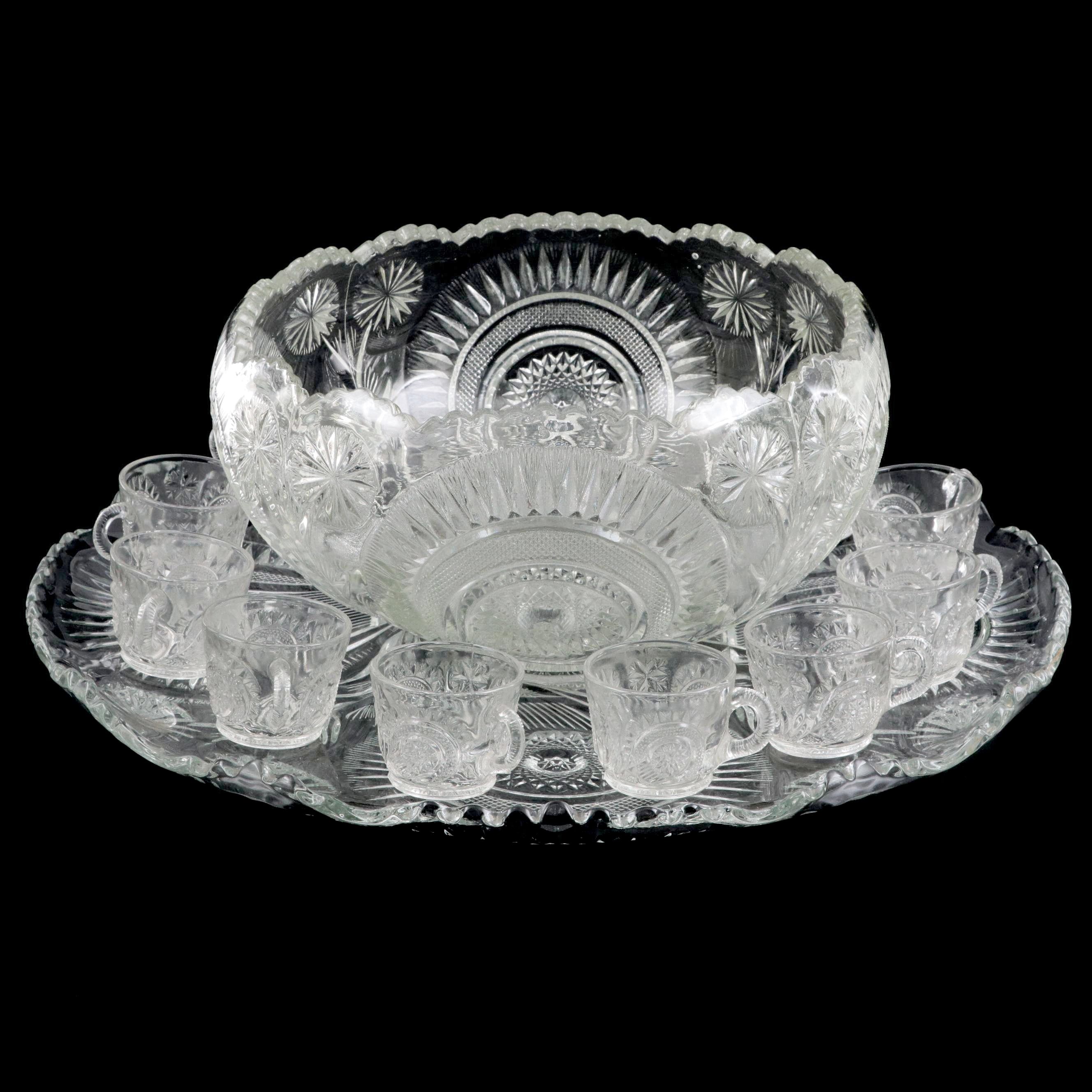 L.E. Smith Glass "Pinwheel & Stars" Punch Bowl, Underplate and Cups