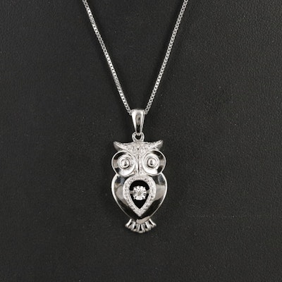 Sterling Diamond En Tremblant Owl Pendant Necklace