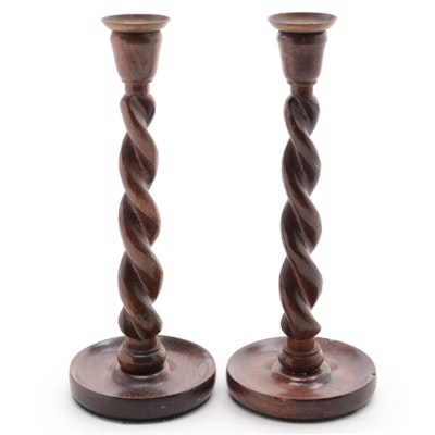 Pair of Barley-Twist Turned Candlesticks, Early to Mid-20th Century