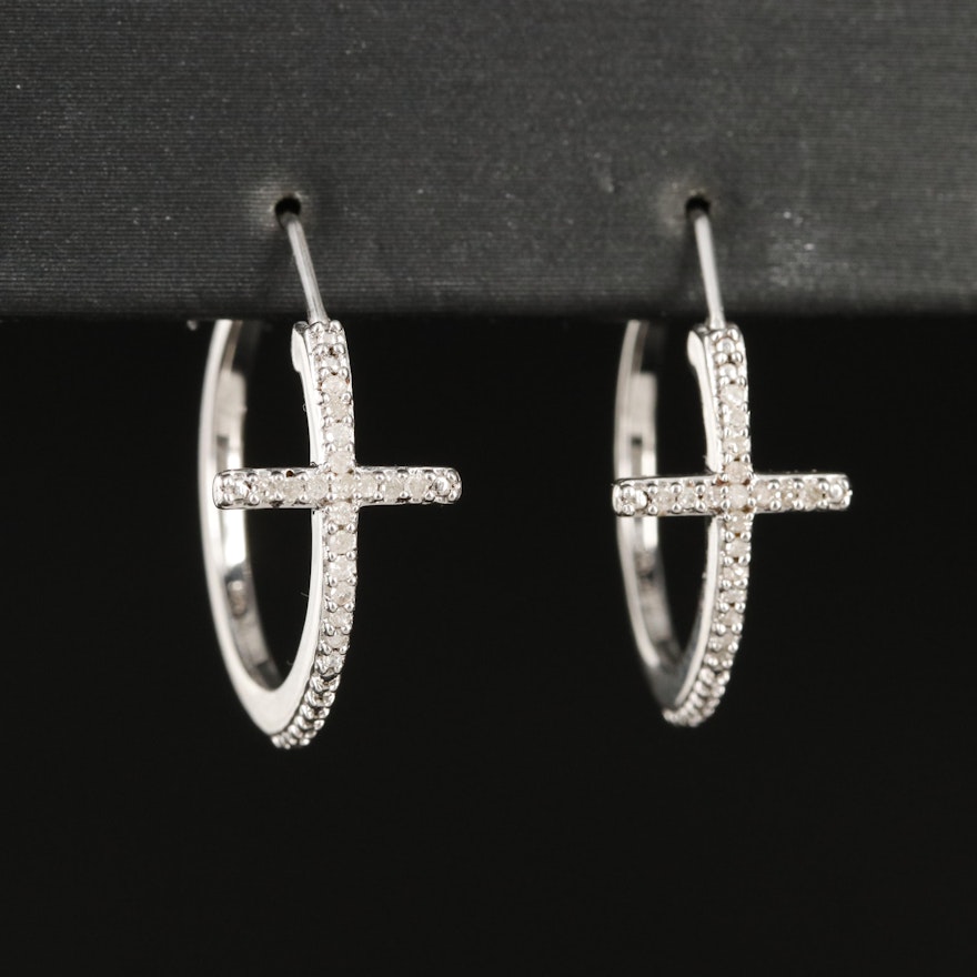 Sterling Diamond Cross Hoop Earrings