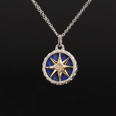 Sterling Lapis Lazuli and Diamond Medallion Pendant Necklace with 14K Accents