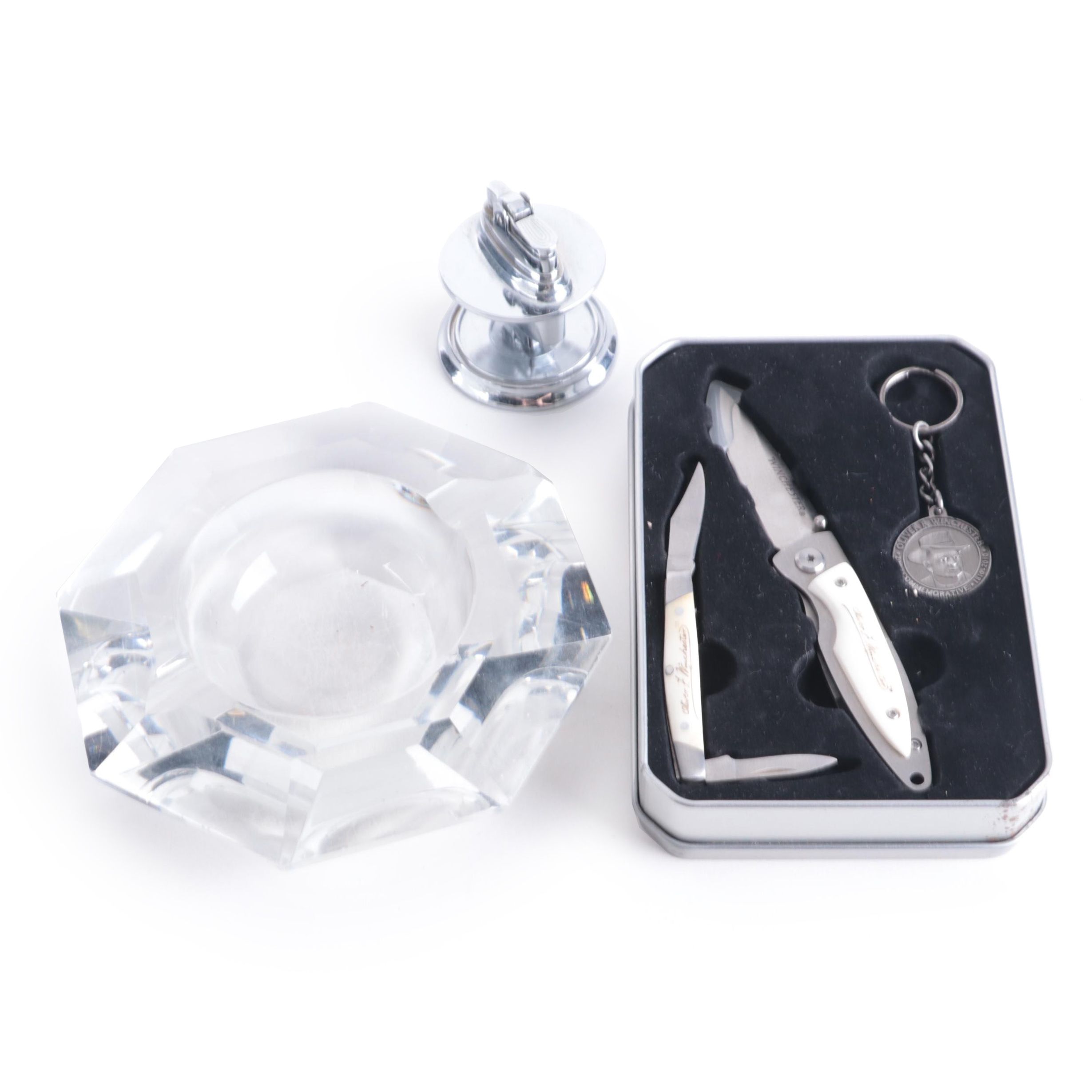 Glass Ashtray, Lighter, Commemorative Winchester Pocket Knife and