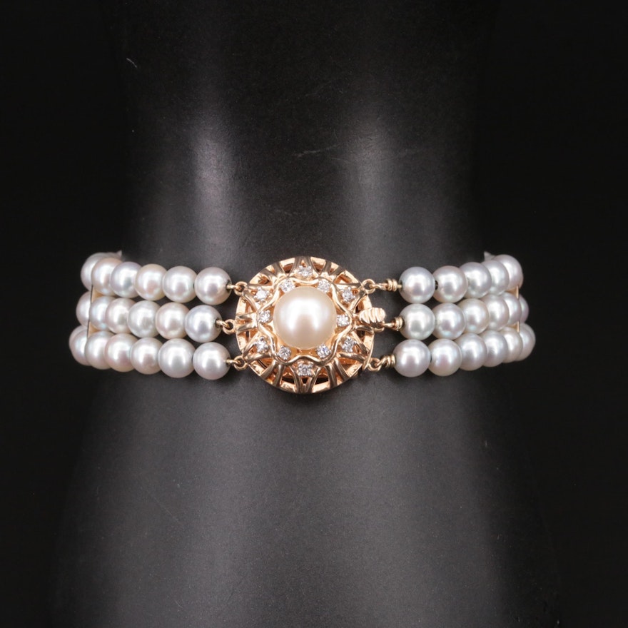 14K Triple Strand Pearl and Diamond Bracelet