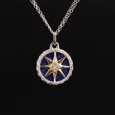 Sterling Lapis Lazuli and Diamond Medallion Pendant Necklace with 14K Accent